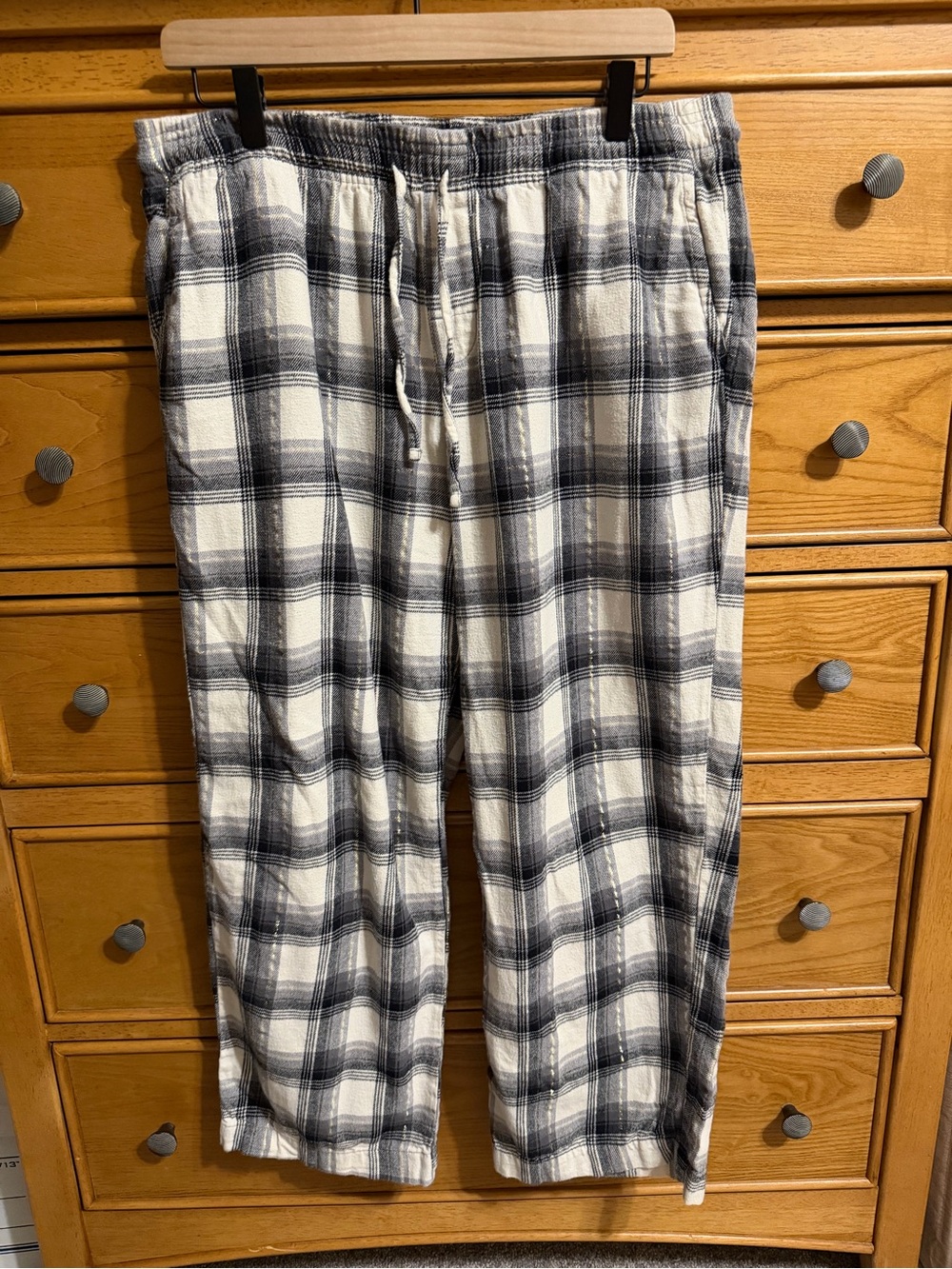 Gap Plaid Pajama Pants Large Cotton Cream Gray Gold Thread Drawstring Activewear